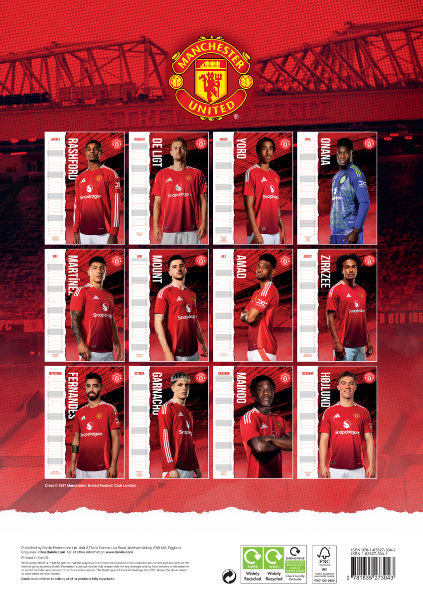 MANCHESTER UNITED FC 2025 A3 CALENDAR